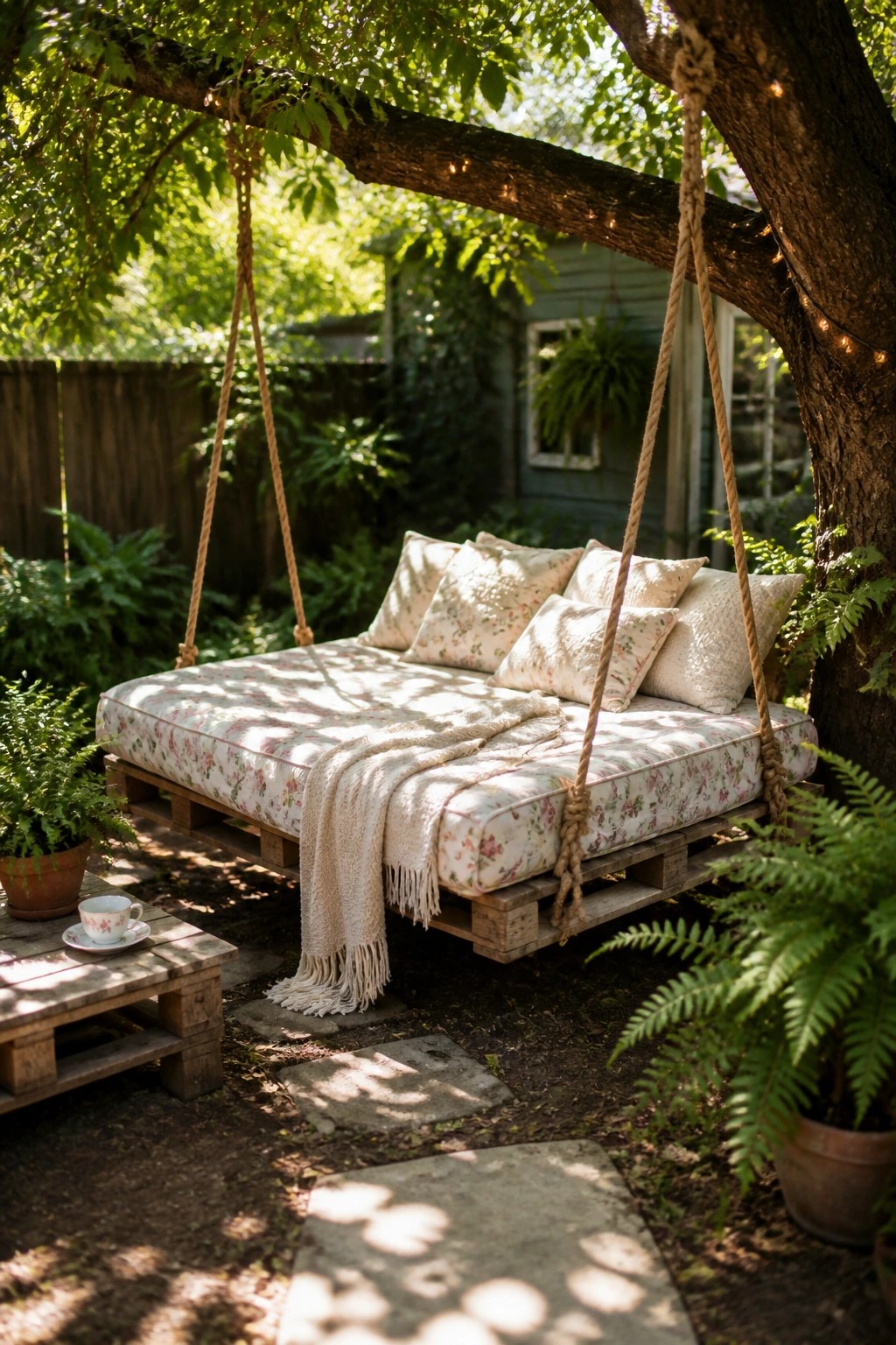 A wooden pallet platform with floral cushions and pillows hangs from thick ropes attached to a tree branch in a garden setting.