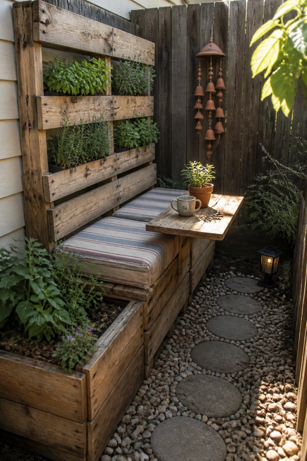 A rustic wooden pallet bench with striped cushions and a hinged wooden table extended beside it, next to a vertical pallet planter filled with herbs along a gravel and stone path.