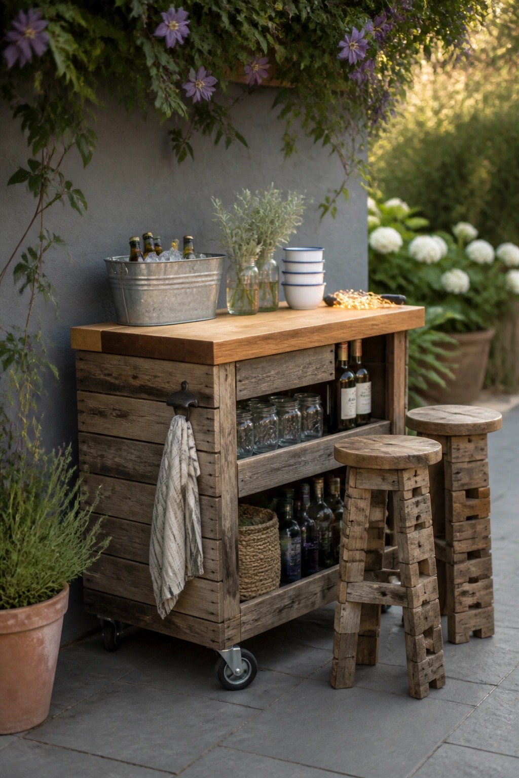 Rustic wooden rolling cart with drinks, jars, and stools on garden patio