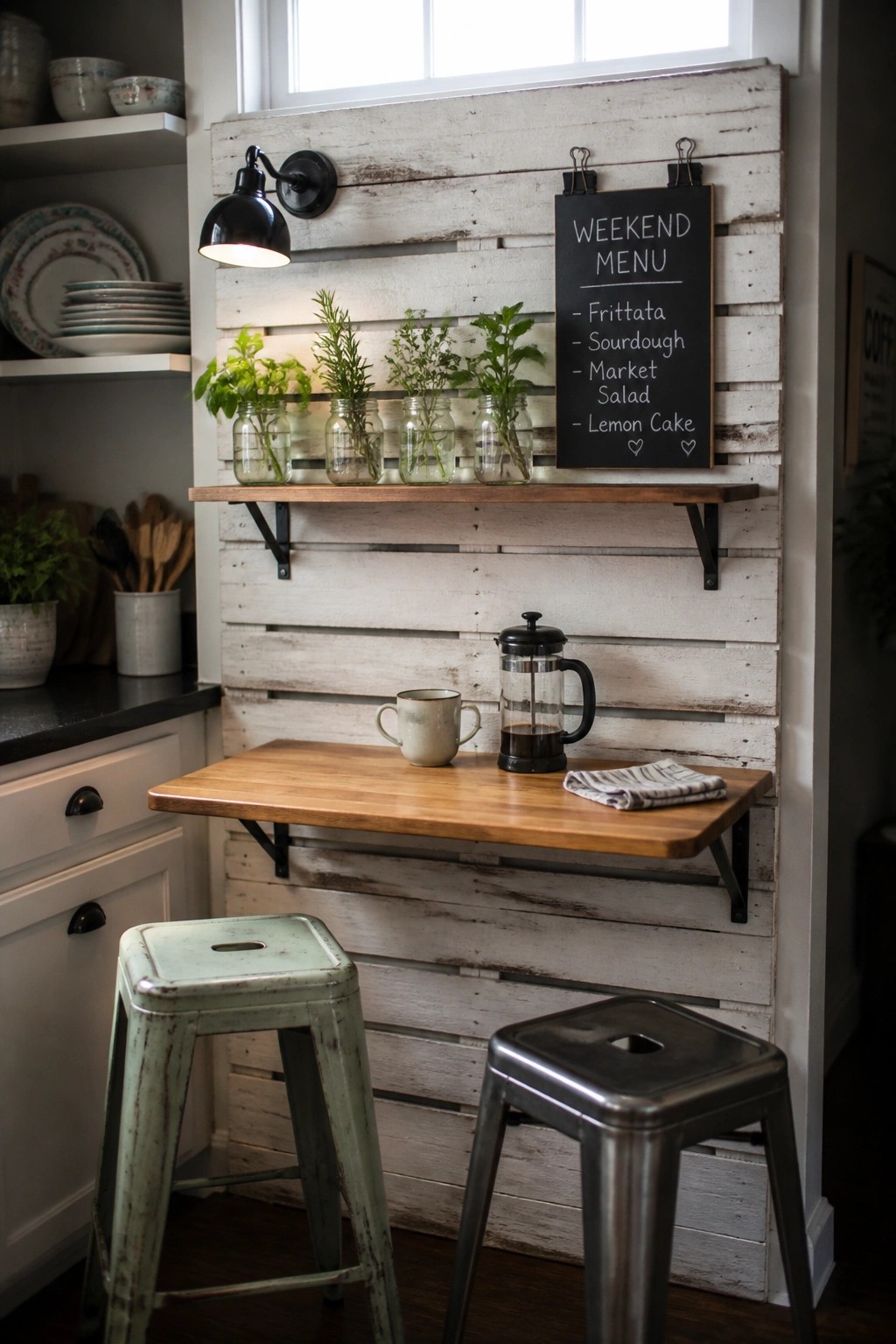 A whitewashed pallet wall in a kitchen corner with a wooden drop-down table, two stools, a French press on the table, and a chalkboard menu hanging on the wall.
