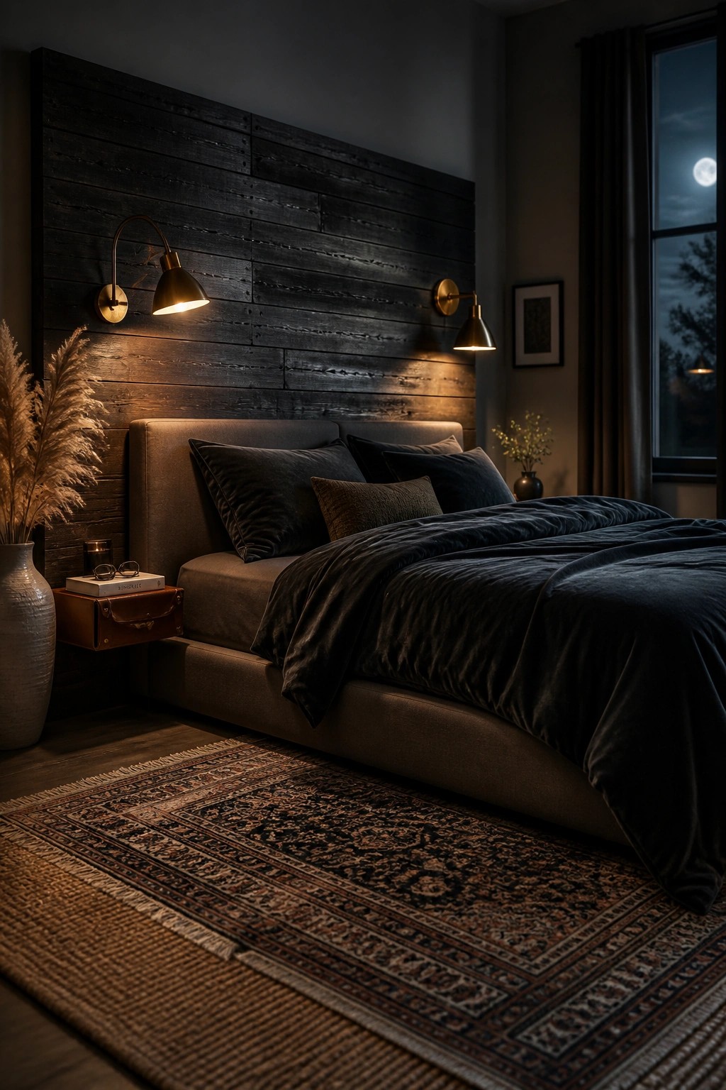 A bedroom with a dark wooden plank accent wall behind a bed dressed in dark bedding and flanked by wall sconces.