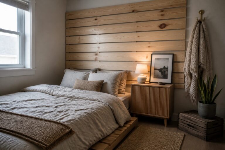 24 Budget DIY Pallet Wall Ideas for Renters, Weekend Projects, and Small Updates A bedroom featuring a light-colored horizontal wood pallet accent wall behind a bed with white bedding, a wooden nightstand, and a framed landscape print.