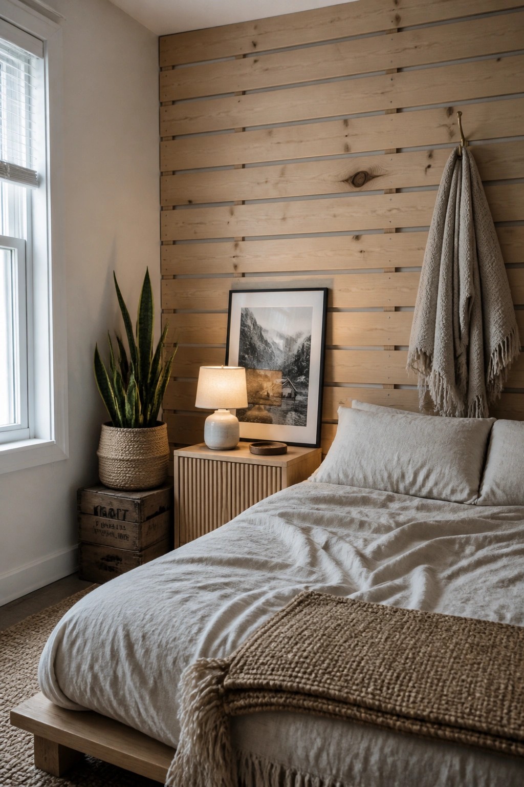 A bedroom featuring a light-colored horizontal wood pallet accent wall behind a bed with white bedding, a wooden nightstand, and a framed landscape print.
