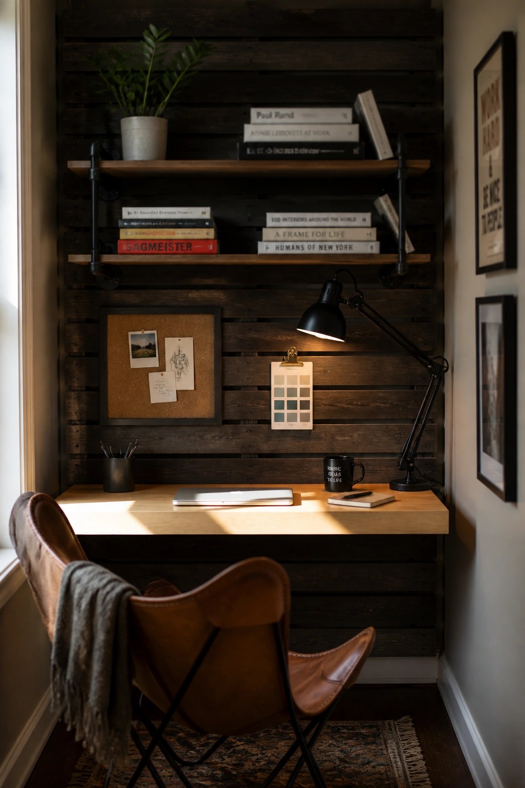 A small workspace with a light wood desk against a dark horizontal plank wall, floating shelves above holding books and a potted plant, and a black desk lamp on the right.