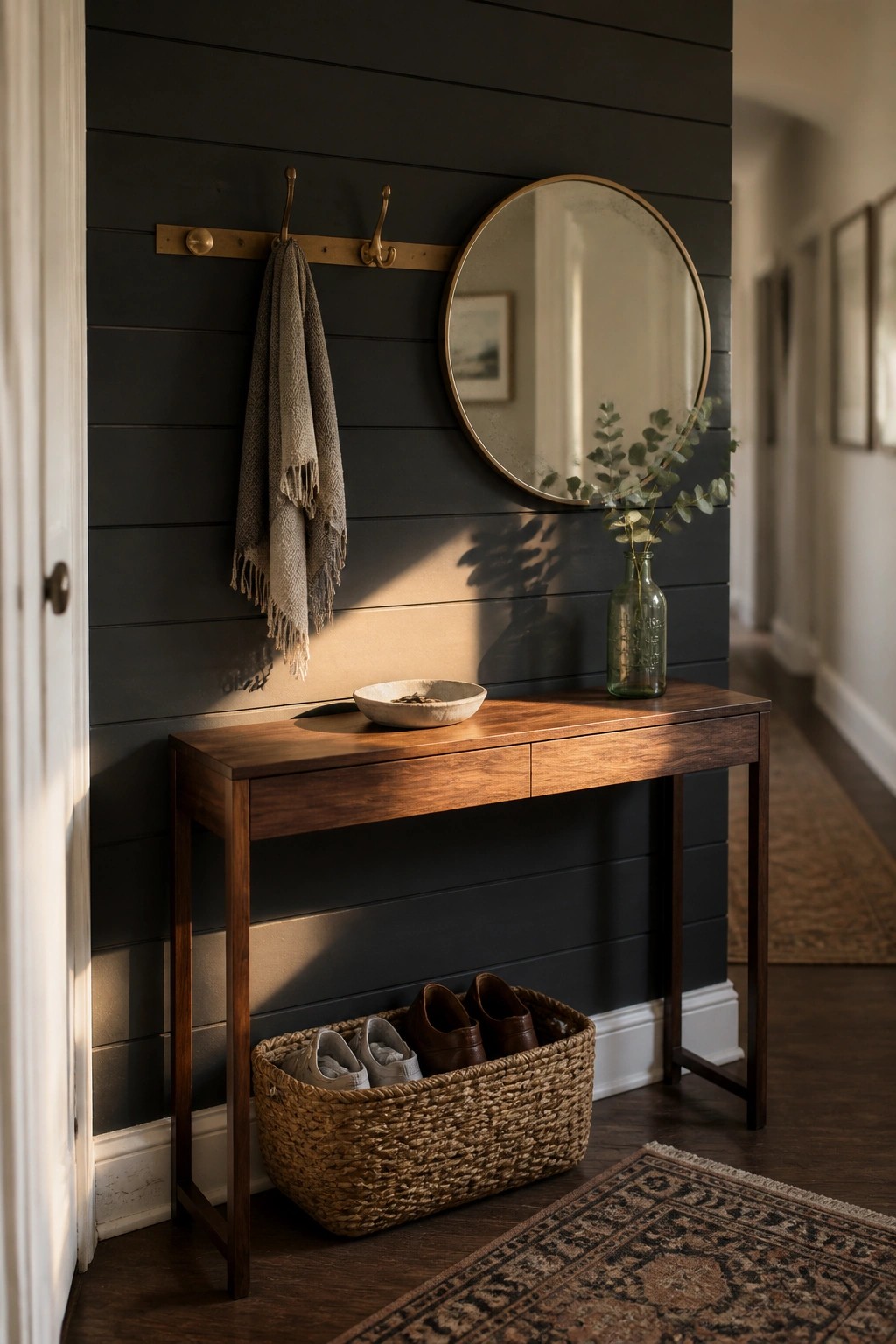 An entryway with a dark horizontal wood paneled wall, wooden console table, round mirror, and woven basket holding shoes on the floor.