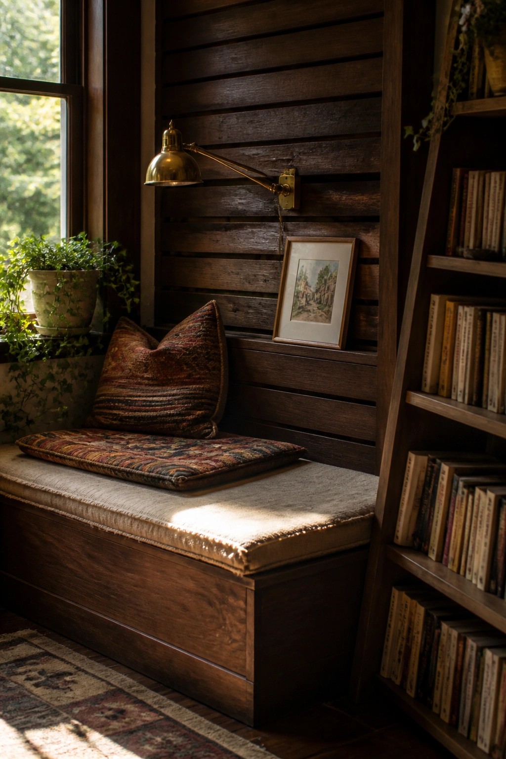 A cozy interior corner features a wooden window bench with cushions, a wall of horizontal dark wood slats, a brass swing-arm lamp, a small framed picture, and a tall bookshelf filled with books.