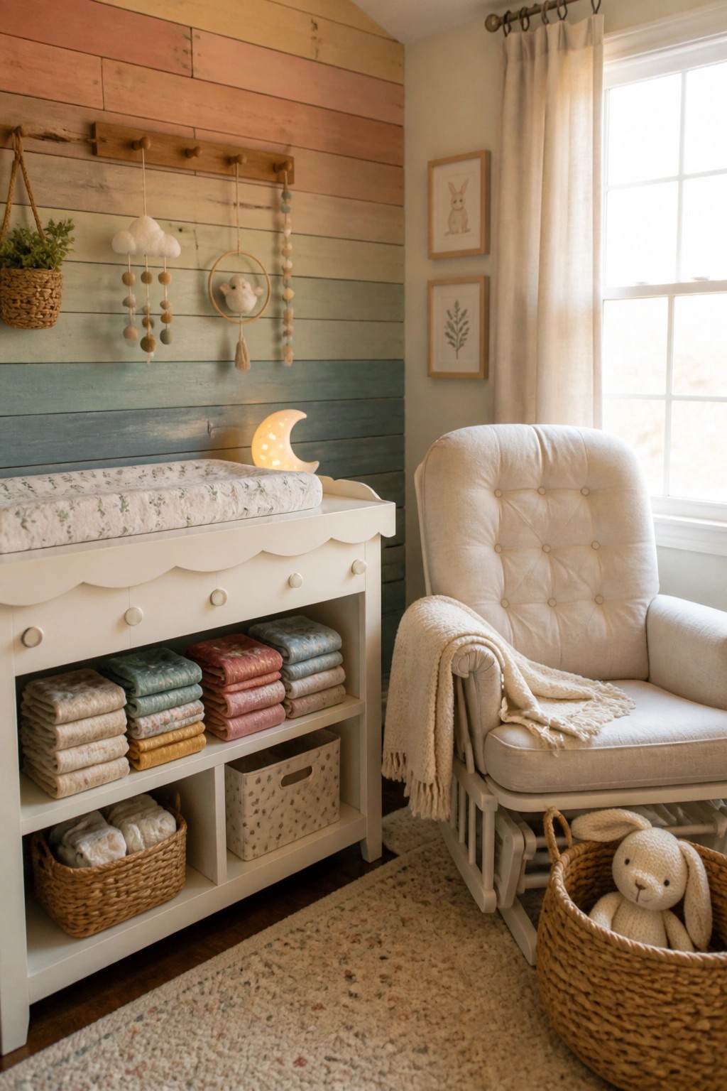 A nursery interior with a horizontal wood plank accent wall painted in soft rainbow colors, a white changing table, and a white rocking chair.