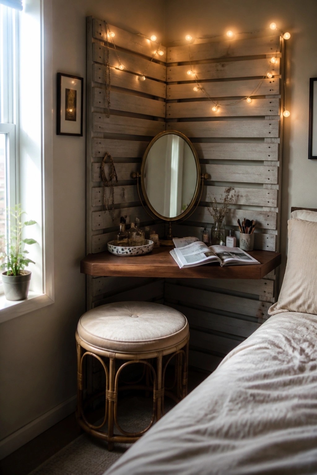 A bedroom corner with a light wooden pallet accent wall, round mirror, wooden desk surface, round stool, and string lights.