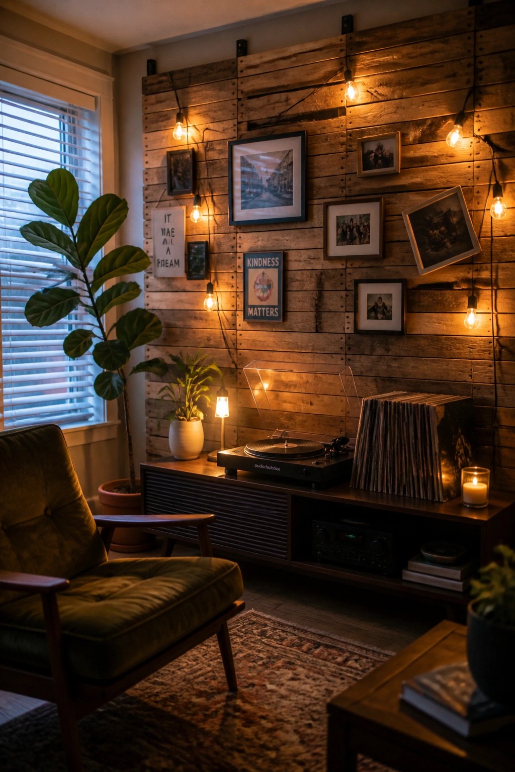 Interior view of a living room with a reclaimed wood pallet accent wall holding framed art and string lights above a media console and green armchair.