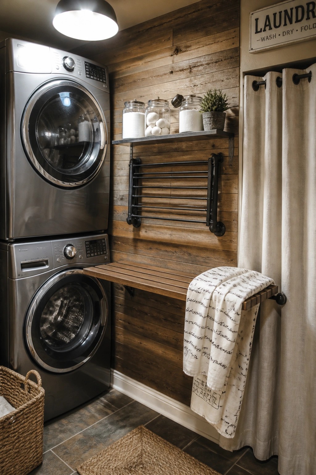A laundry room featuring a horizontal reclaimed wood plank accent wall with a mounted drying rack, fold-down bench, and stacked washer and dryer.