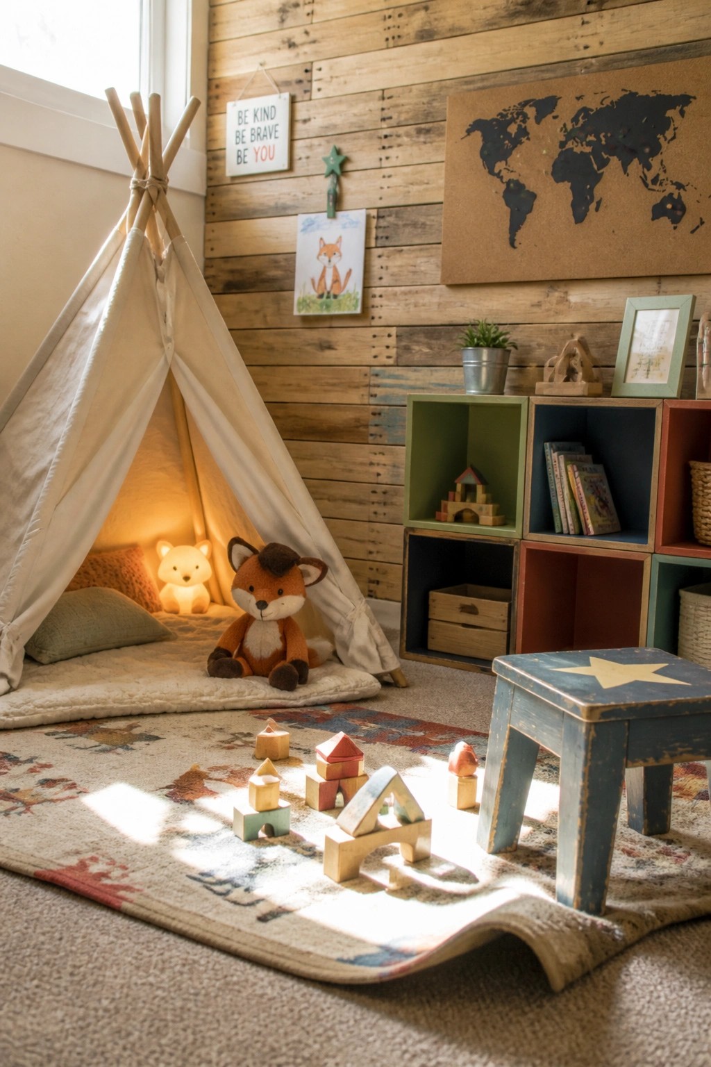 A child's playroom with a teepee tent, stuffed animals, wooden blocks on a rug, and a background wall covered in horizontal reclaimed wood planks.