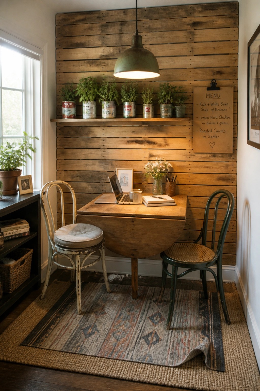 A small indoor workspace featuring a horizontal wooden pallet accent wall behind a drop-leaf table with a laptop, two mismatched chairs, and potted plants on a shelf.
