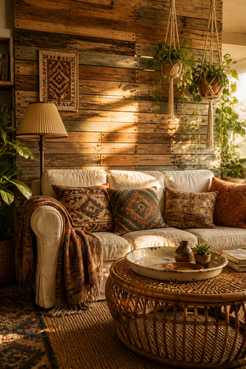 A living room featuring a white sofa against a wall of horizontal reclaimed wood planks, with patterned pillows and hanging plants visible.