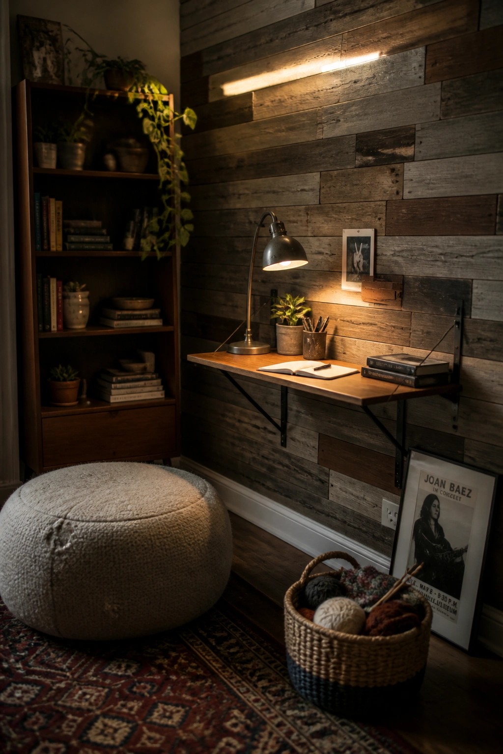 An indoor corner features a reclaimed wood plank accent wall with a floating desk, desk lamp, open book, and bookshelf to the left.