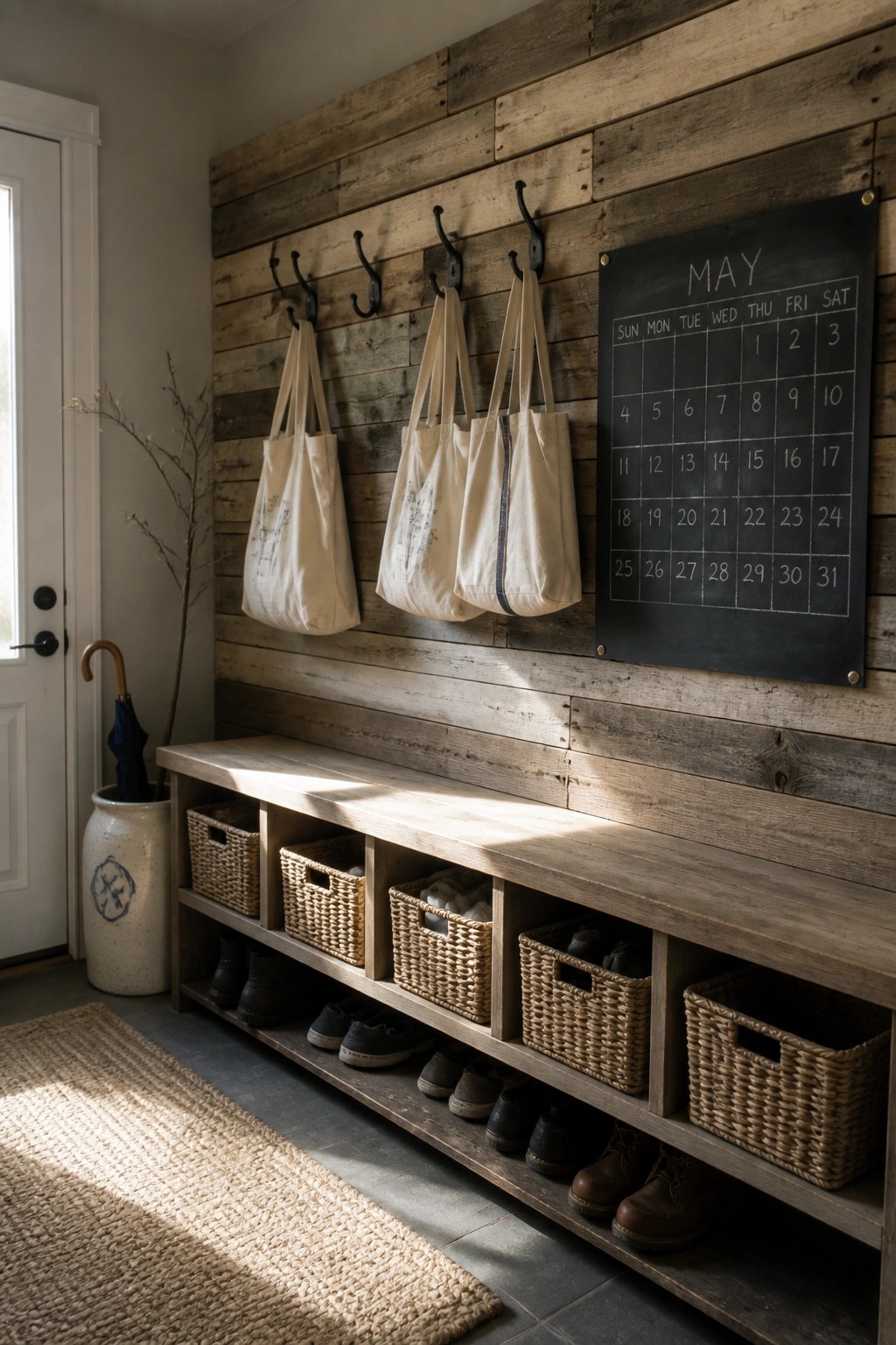 An interior entryway shows a reclaimed wood plank wall with black hooks holding canvas tote bags above a wooden bench that has cubby storage with baskets and shoes.