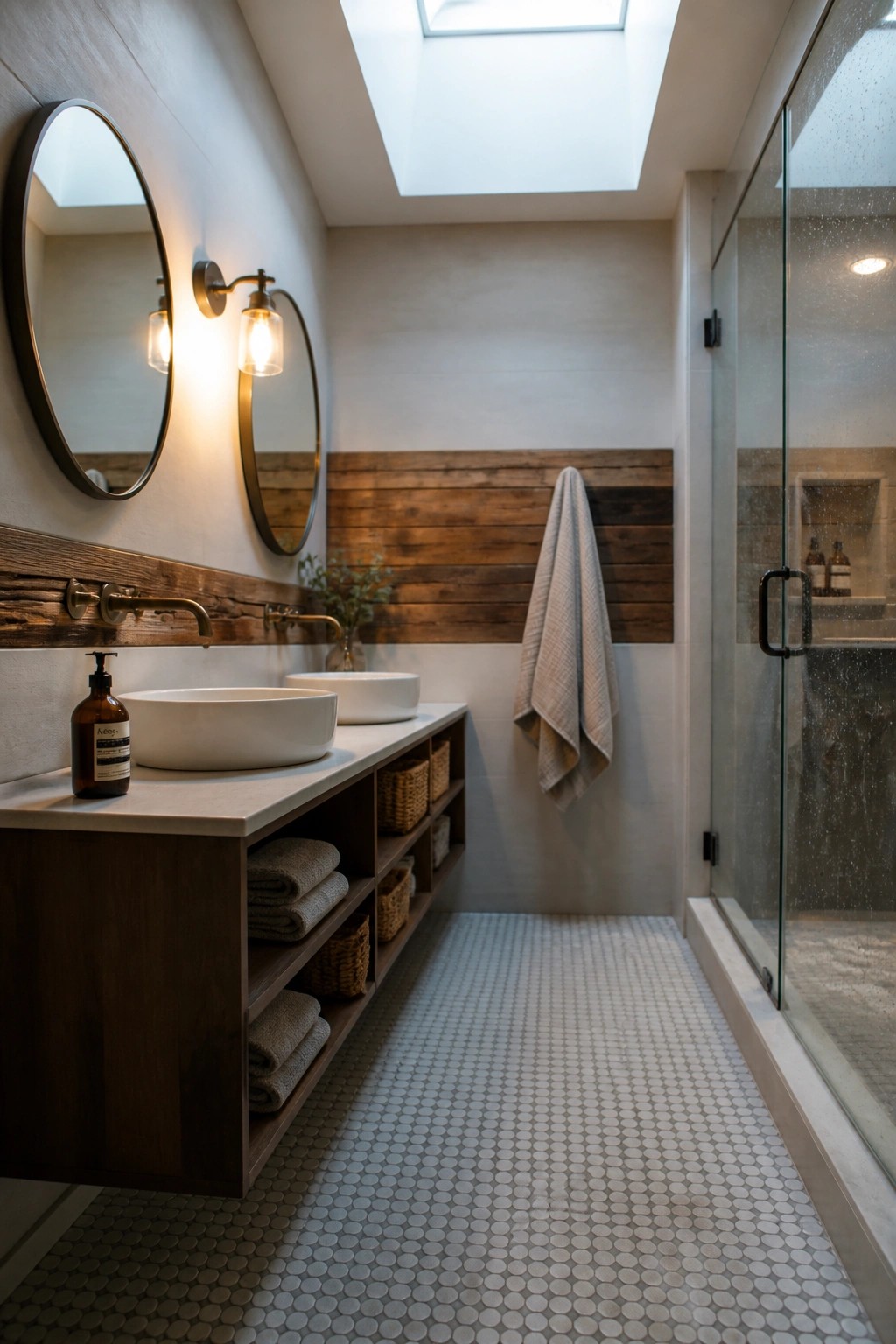 A bathroom interior showing a horizontal reclaimed wood accent wall above two white vessel sinks, with round mirrors, a glass shower on the right, and a skylight overhead.