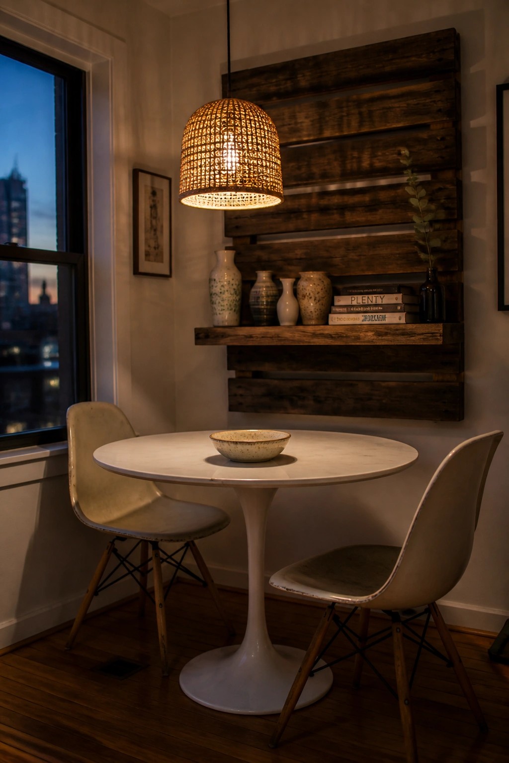 A round dining table with two chairs sits in front of a vertical wooden pallet wall that holds a narrow shelf with vases and books.