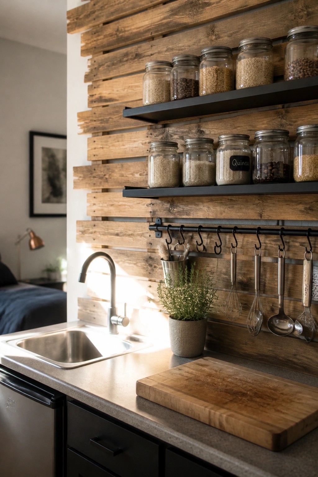 A kitchen area featuring a vertical pallet wood accent wall with two black floating shelves holding glass storage jars, a row of hooks with hanging utensils, and a stainless steel sink below.