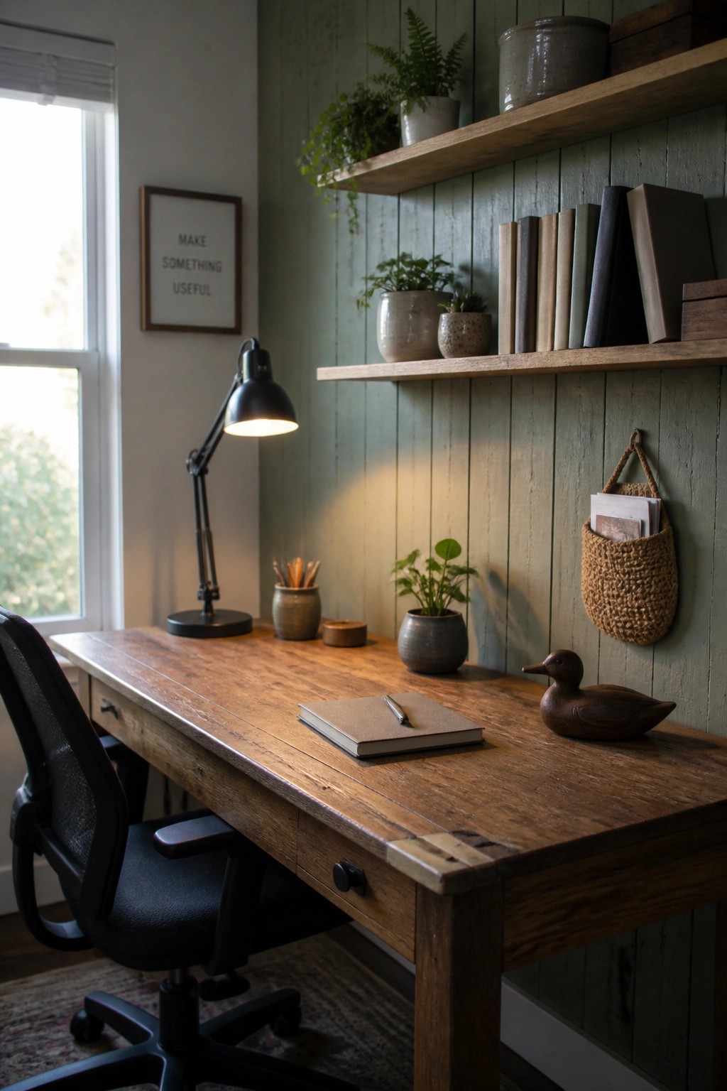 A wooden desk with a black office chair faces a green vertical wood plank wall fitted with two wooden shelves holding books and potted plants.