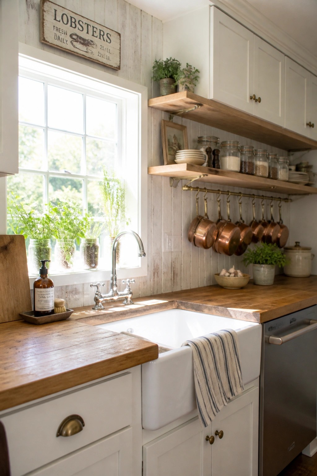 A kitchen corner with a white farmhouse sink, wooden countertops, and whitewashed vertical wood plank walls.