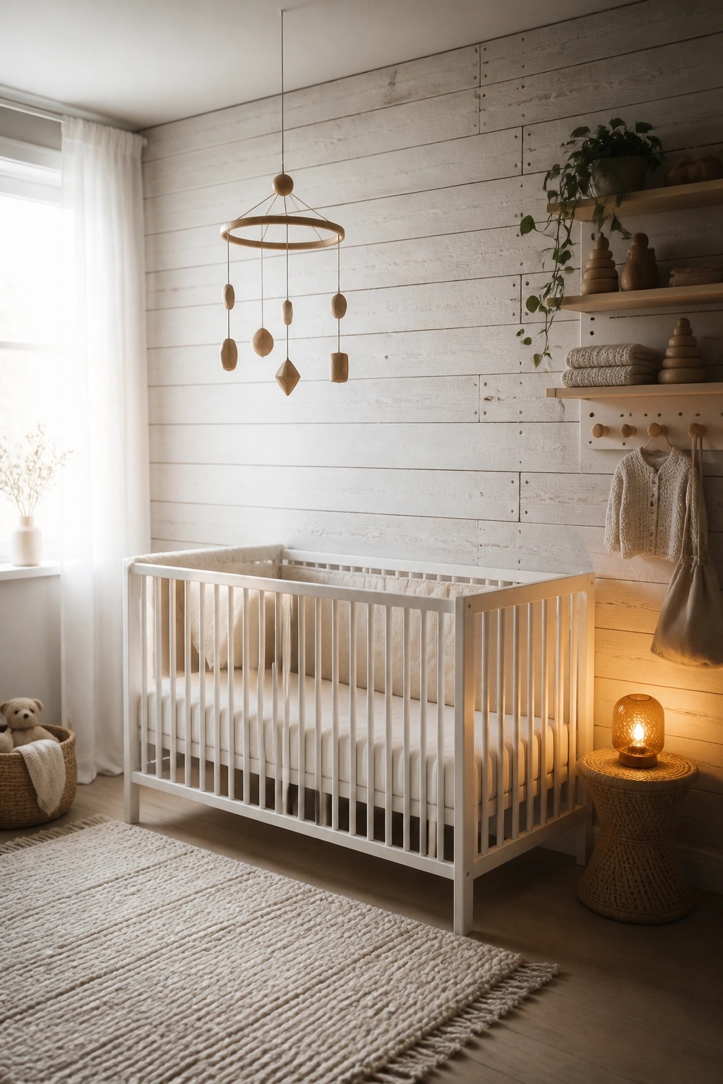 A white crib sits against a wall covered in horizontal whitewashed wood planks, with a wooden mobile hanging above and shelves holding plants and toys to the right.