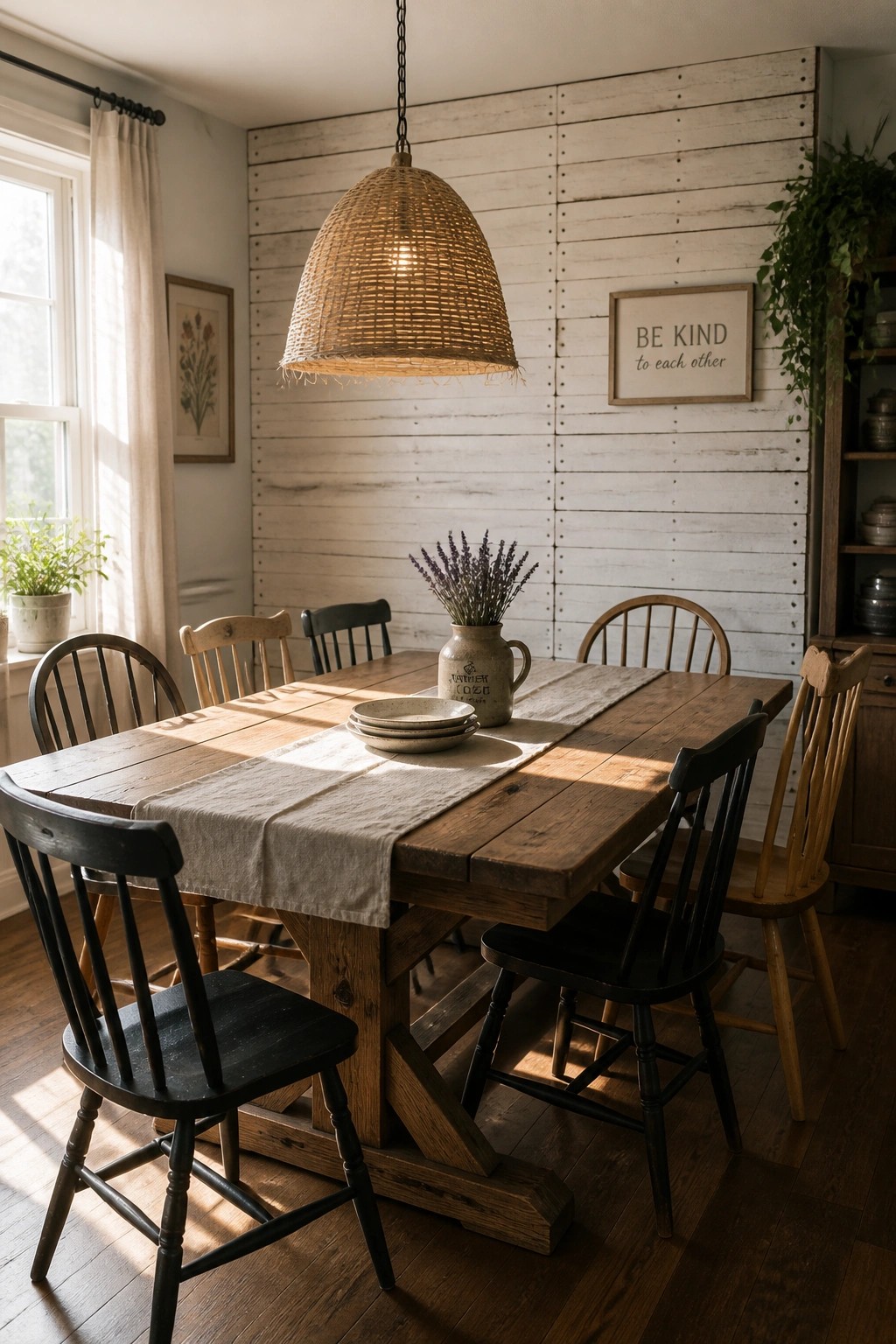 A dining room featuring a wooden table set with dishes and lavender, black and natural wood chairs, and a full wall of horizontal whitewashed planks behind it.