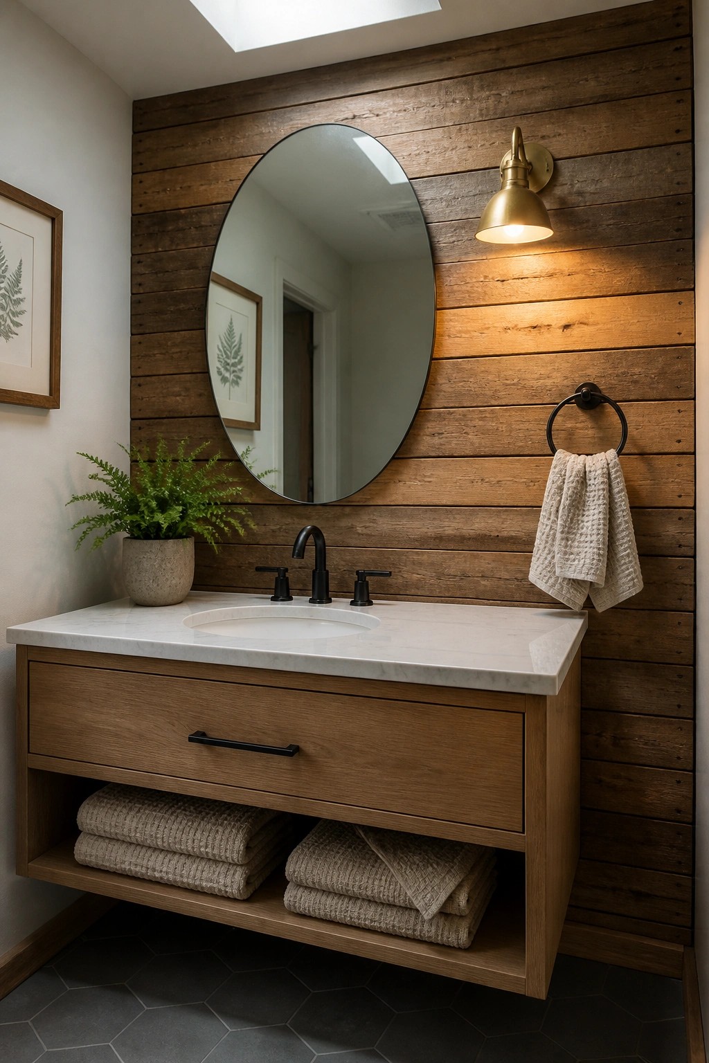 A bathroom vanity with a white marble countertop sits below a round mirror on a wall covered in horizontal wooden planks, with a brass sconce light and towel ring to the right.