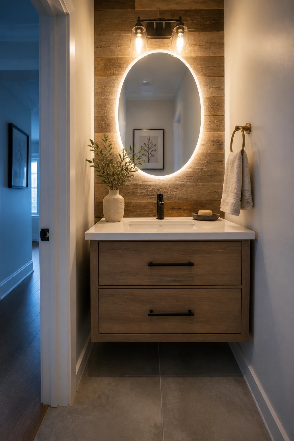 A bathroom vanity area featuring a white countertop, floating wood cabinet, black faucet, and an oval backlit mirror mounted on a vertical wood plank accent wall.