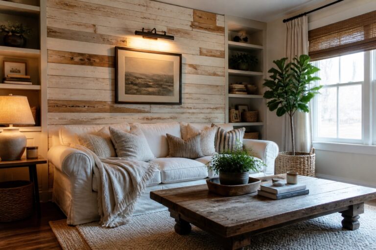 24 Classic Farmhouse Pallet Wall Ideas Using Whitewash, Shiplap Looks, and Warm Wood A living room with a whitewashed wood plank accent wall, white sofa, wooden coffee table, and built-in white shelves.