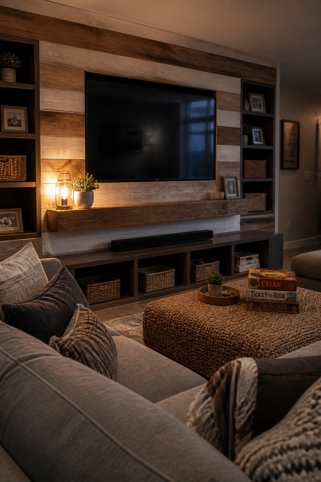 A living room featuring a large TV mounted on a wall of horizontal wooden planks in mixed brown tones, with built-in shelves on both sides and a gray sectional sofa in the foreground.