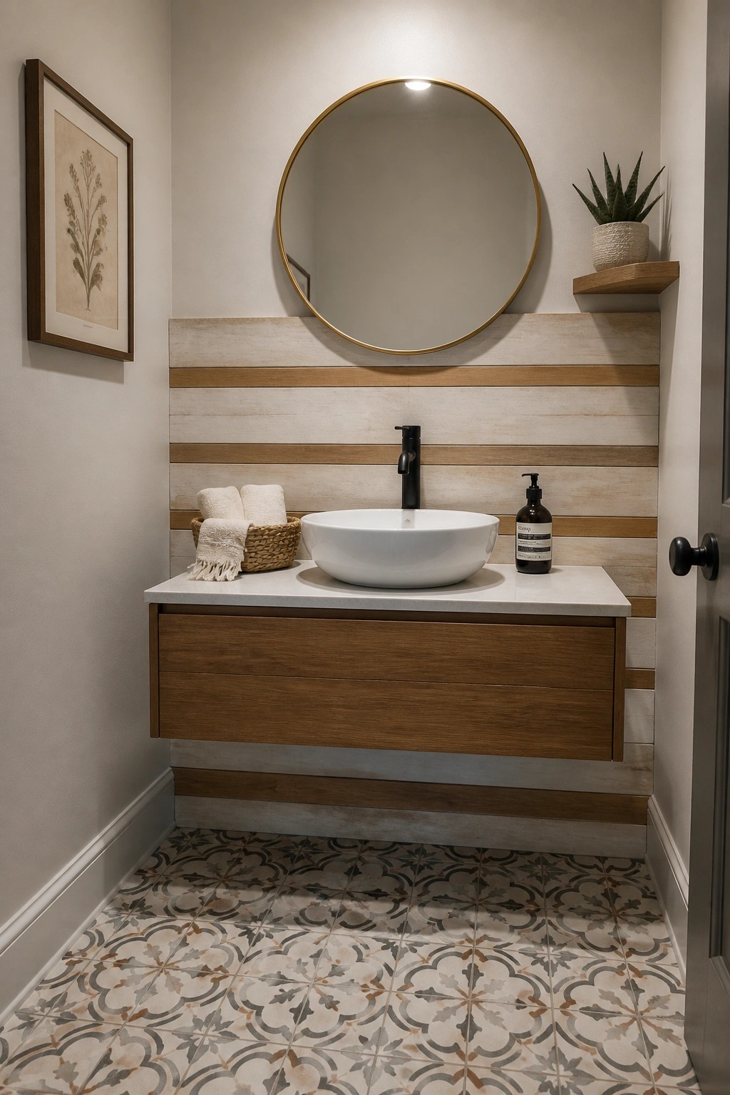 A bathroom sink area with a white vessel sink on a floating wood vanity, a round mirror above it, and a wall of horizontal wood planks behind the sink.