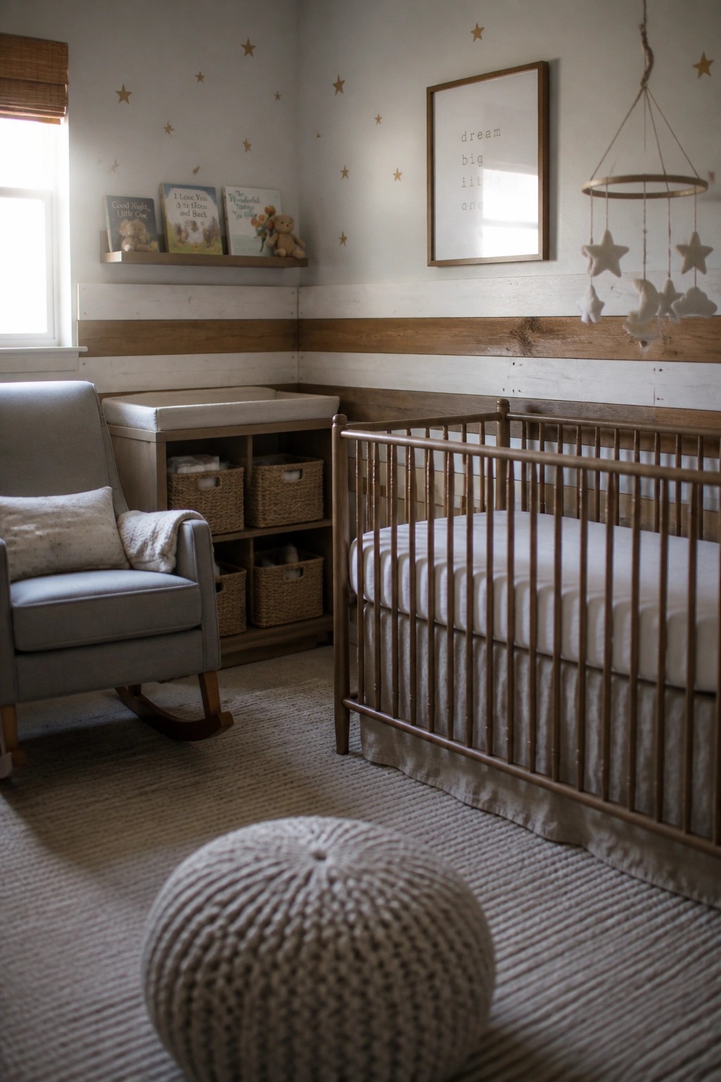 A nursery interior with a wooden crib, rocking chair, changing table, and a wall of horizontal white and brown wood planks.