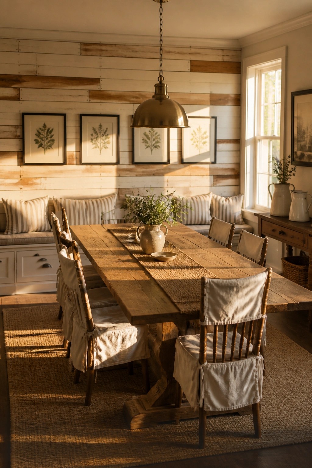 A farmhouse dining room with a long wooden table, chairs with slipcovers, and a horizontal wood plank accent wall in mixed whitewashed and natural tones.