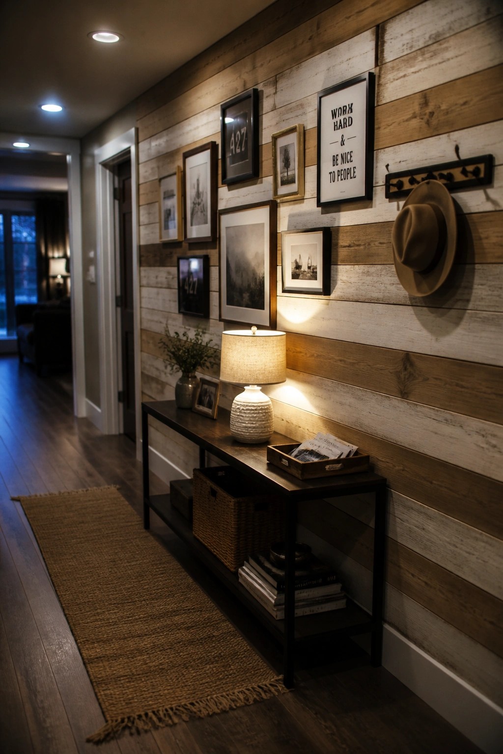 A hallway featuring a horizontal wood plank accent wall with framed artwork, a console table holding a lamp and books, and a hat on wall hooks.