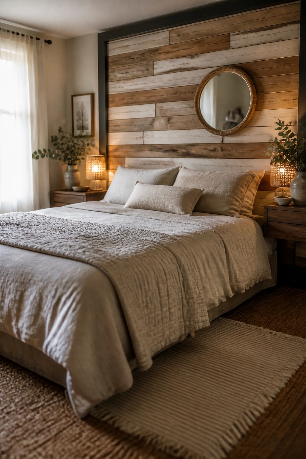 A bedroom with a bed dressed in beige linens positioned in front of a horizontal reclaimed wood accent wall that includes a round mirror.