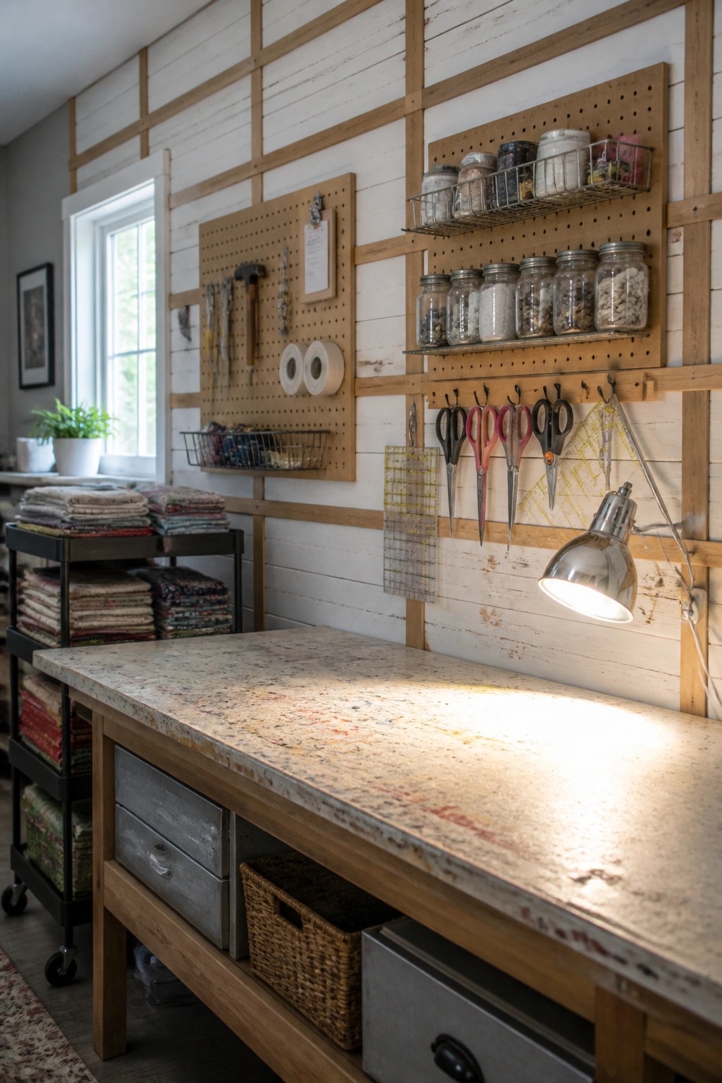 A craft room interior with white shiplap walls, mounted pegboards holding tools and jars, a wooden workbench with drawers, and rolling carts filled with fabric stacks.