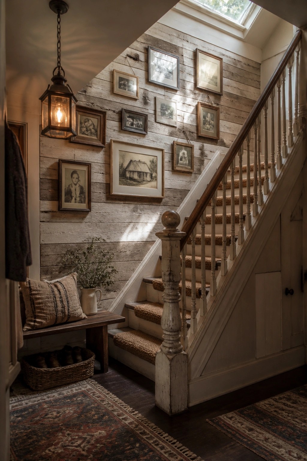 A wooden staircase with a wall of horizontal reclaimed wood planks displaying framed pictures, a hanging lantern, and a bench with pillows at the base.