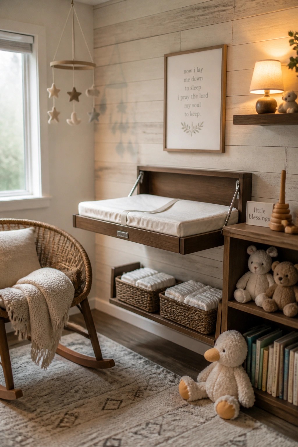 Cozy neutral nursery with open wooden changing table, wicker rocker, stuffed animals, and prayer art.