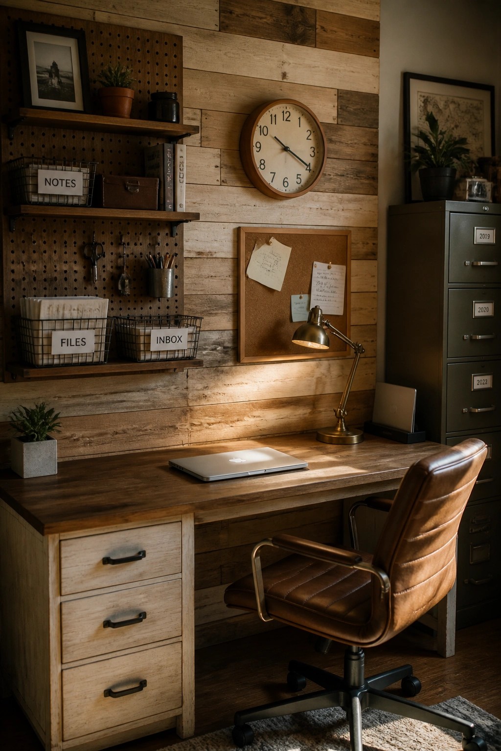 A wooden desk with a laptop and desk lamp sits in front of a wall covered in horizontal wood planks, with a corkboard and office supplies nearby.