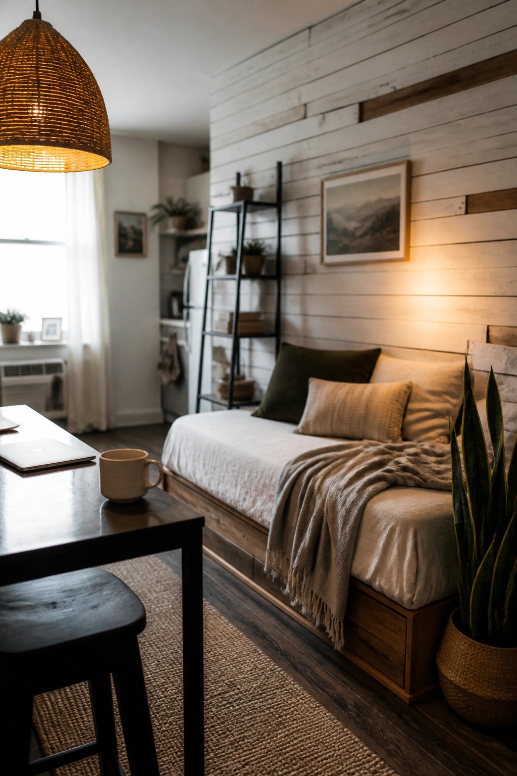 A bedroom with a whitewashed horizontal wood plank accent wall behind a bed dressed in white and beige bedding, with a wooden bed frame and a potted snake plant nearby.