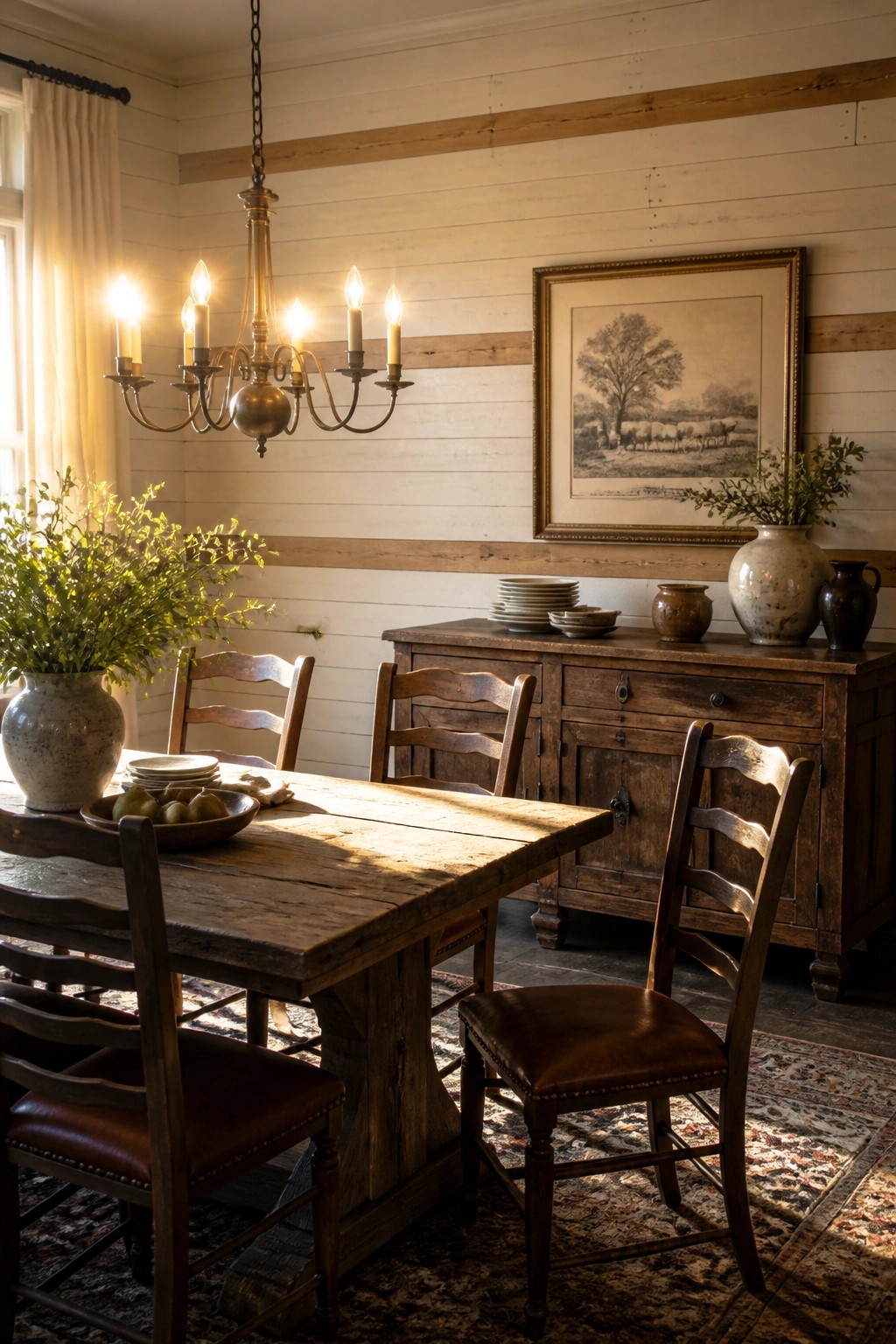 Rustic wooden dining table with chairs under lit chandelier in sunlit farmhouse room