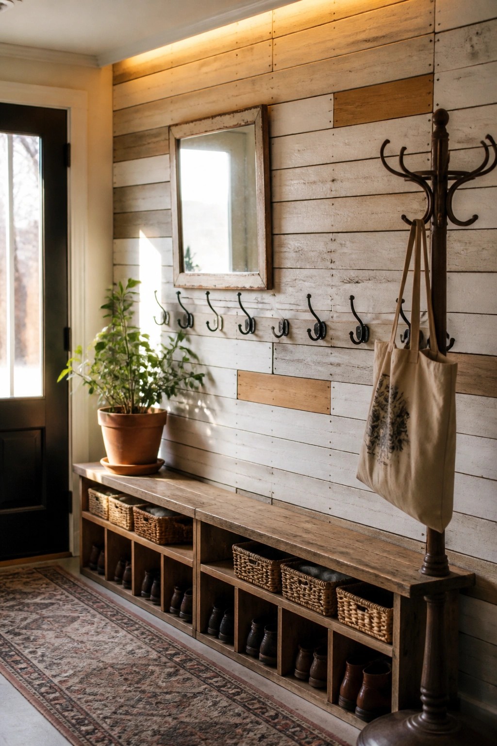 A whitewashed wood plank wall with black hooks above a long wooden bench that has open cubbies holding shoes and baskets in a home entryway.