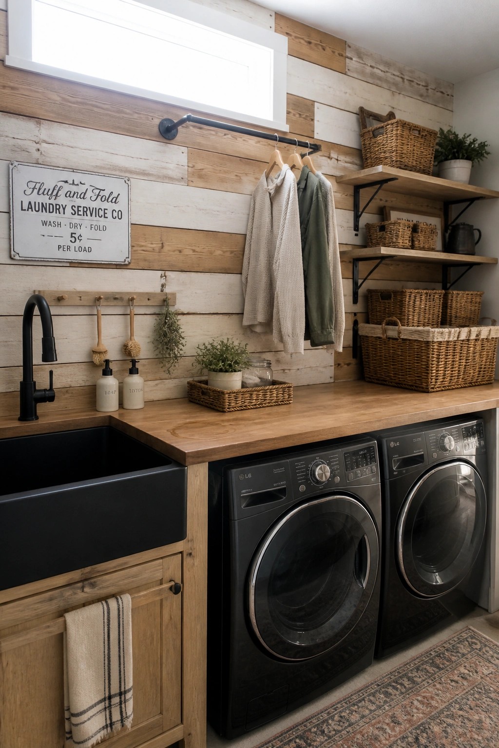 A laundry room featuring a whitewashed wooden pallet wall above a wooden countertop with a black sink, two black front-loading washers, and various baskets and shelves.