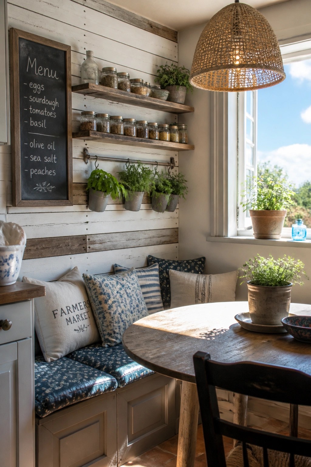 Interior view of a farmhouse dining nook with a whitewashed wood plank wall, wooden shelves holding jars and plants, a built-in bench with cushions, and a round wooden table.