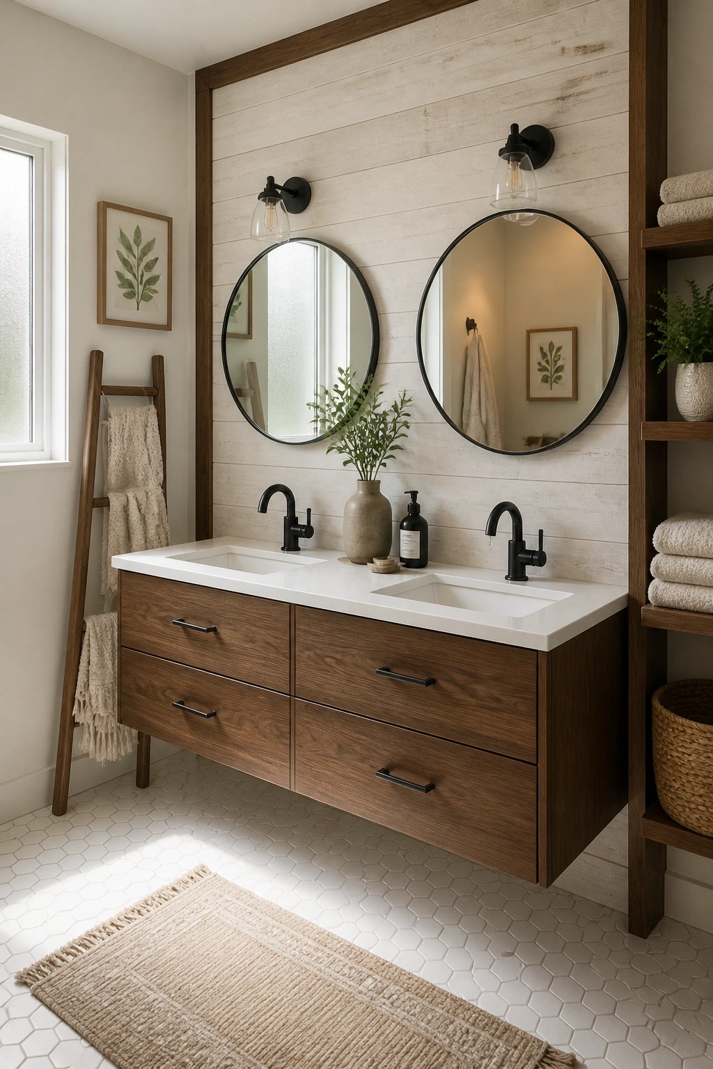 A bathroom with a whitewashed shiplap accent wall, floating dark wood double vanity, two round mirrors, and black fixtures.