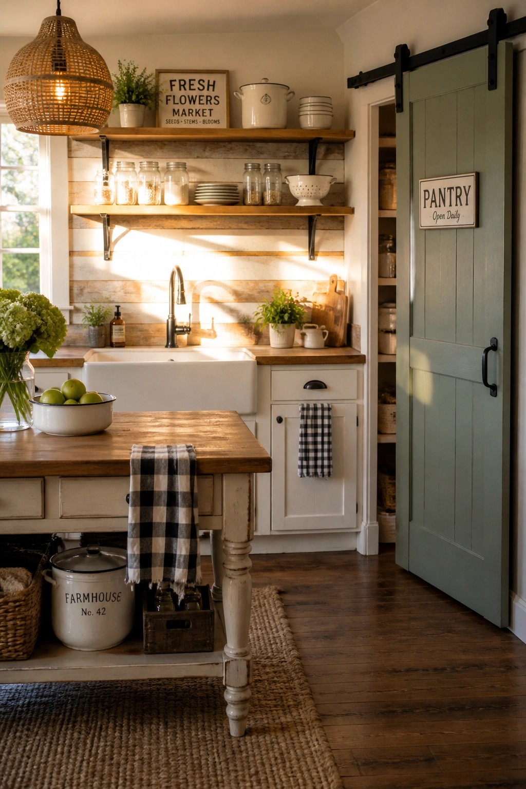 A farmhouse kitchen with a whitewashed horizontal wood plank wall, open wooden shelves, a white farmhouse sink, and a wooden island in the foreground.