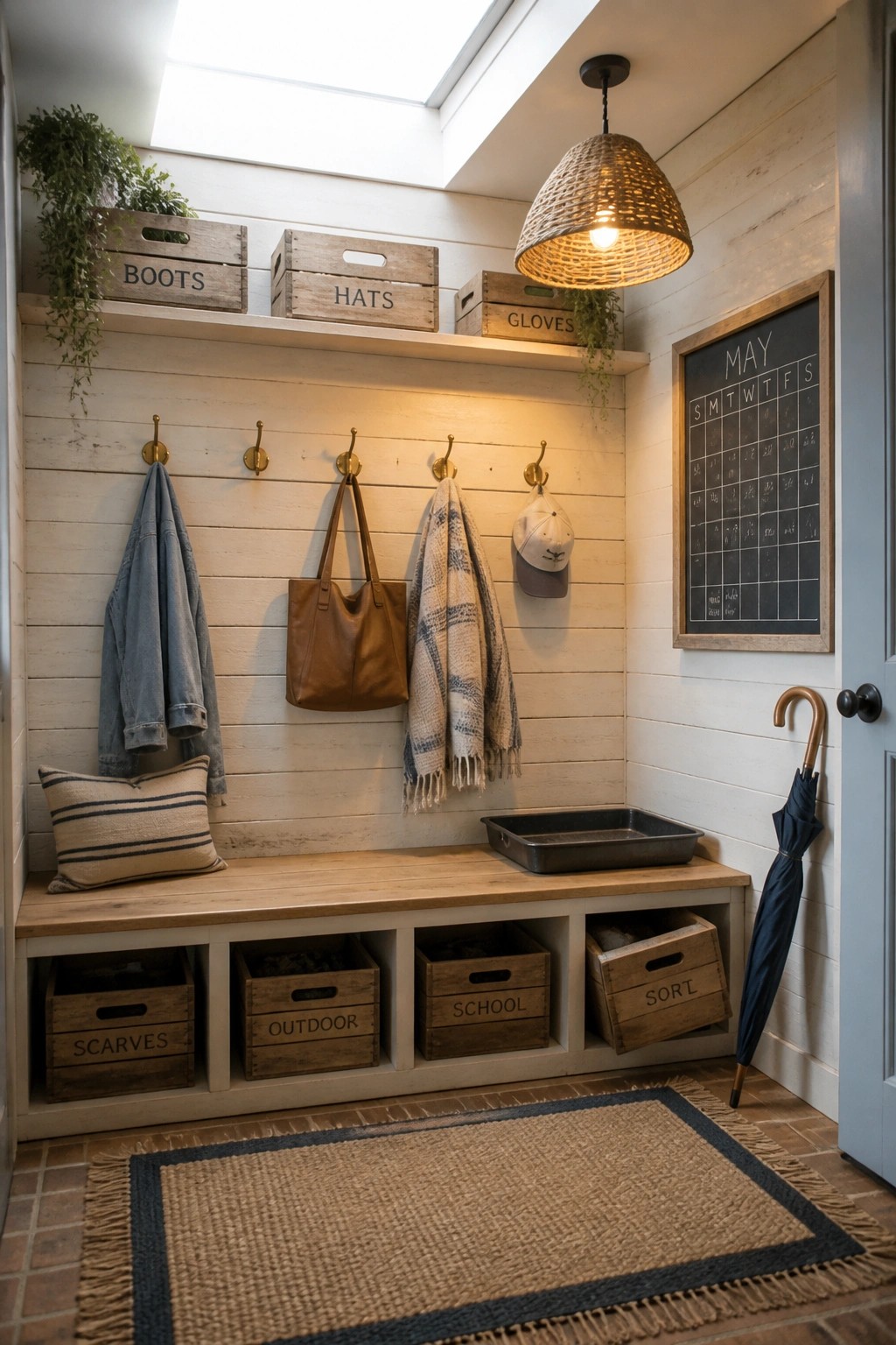 A white shiplap wall in a mudroom with brass hooks holding outerwear above a wooden bench and storage crates, next to a chalkboard calendar.