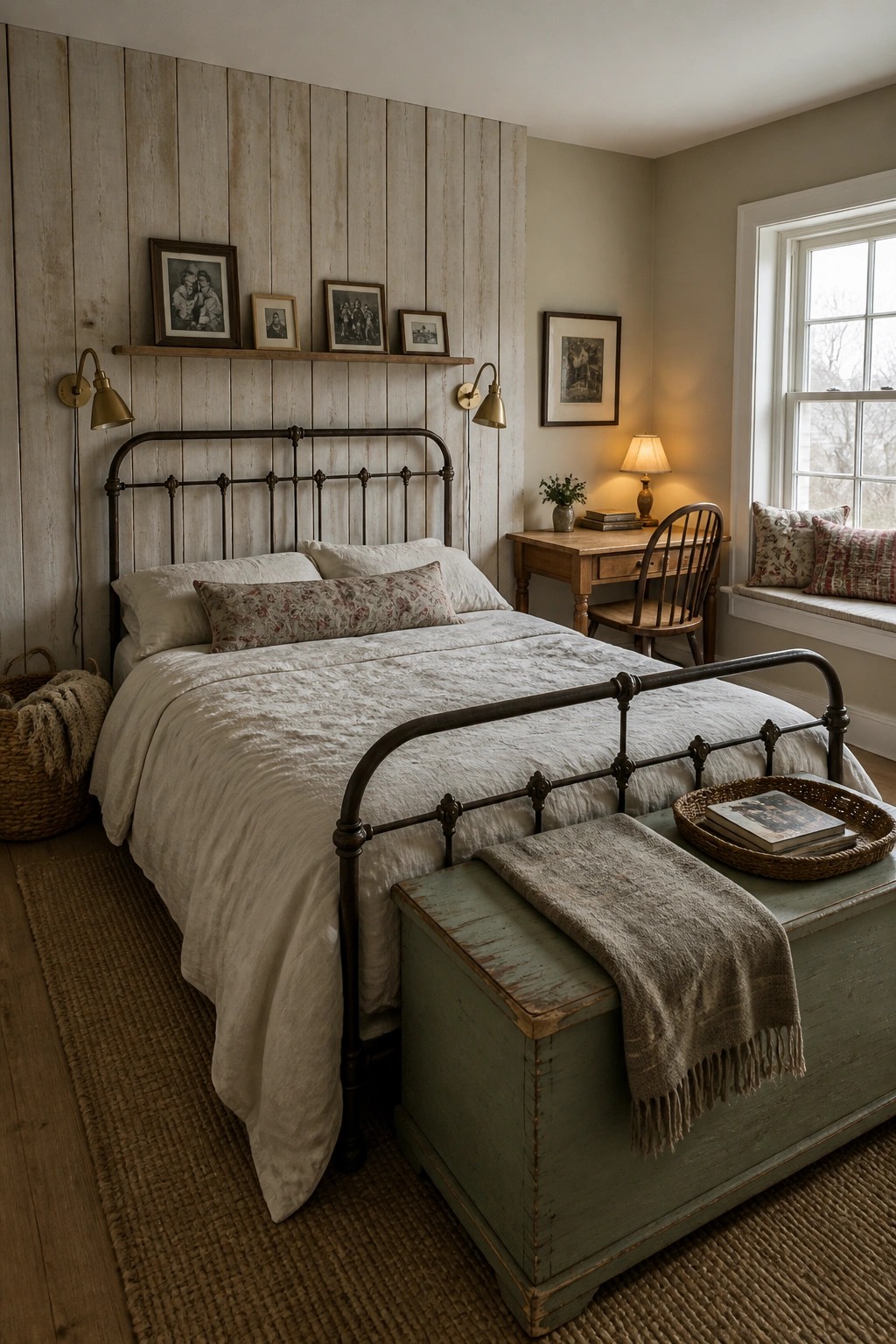 Rustic bedroom with iron bed, green chest, wooden desk, and window seat.
