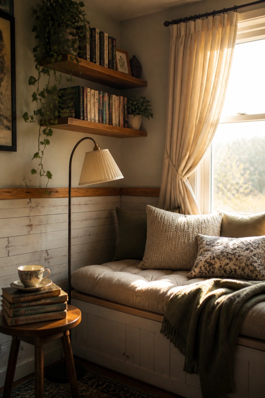A cozy interior corner with a cushioned window seat, whitewashed wood paneling on the lower walls, wooden floating shelves holding books and plants, and a floor lamp next to a small side table.