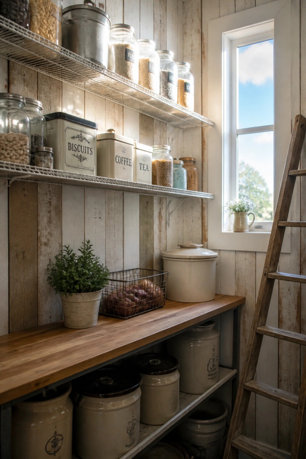 A pantry interior with whitewashed vertical wood walls, wire shelves holding glass jars and metal canisters, a wooden countertop with crocks and a plant, and a wooden ladder beside a window.